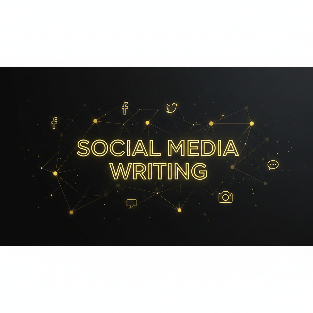 Professional social media writing typography in gold on a dark digital background with social icons.