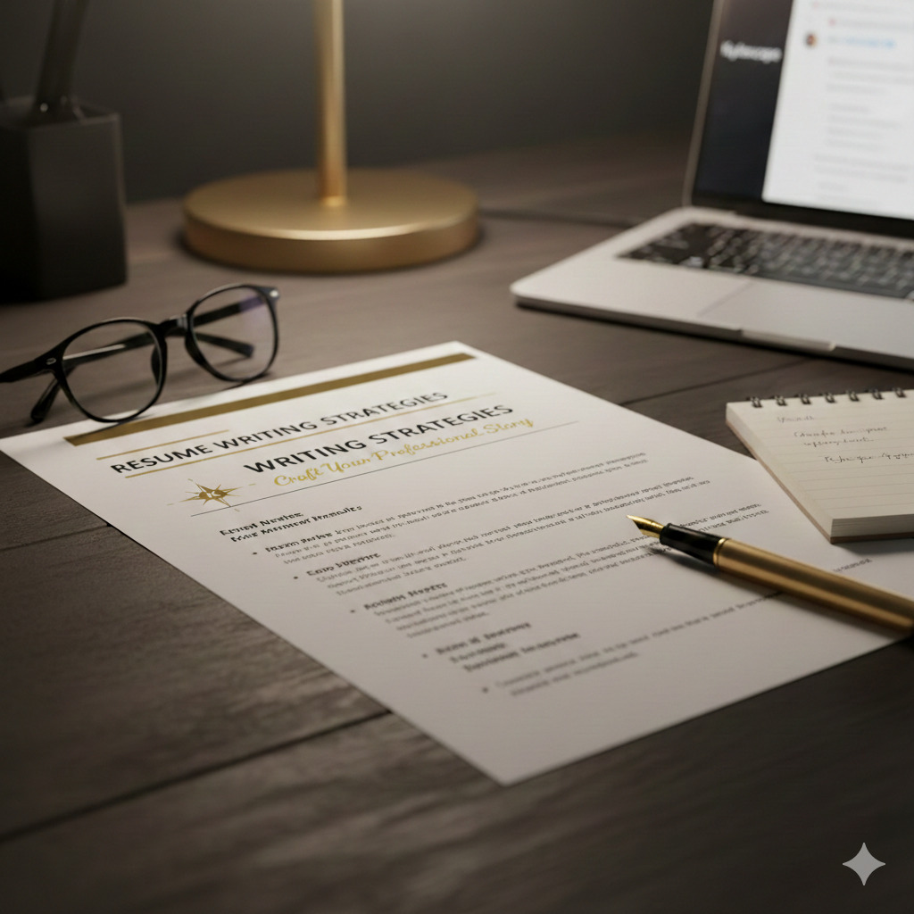 A professional desk setup featuring a high-quality resume document with the text Resume Writing Strategies, a gold pen, and a laptop
