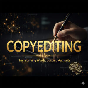 Professional copyediting services for business authority and SEO optimization featuring a golden fountain pen and digital interface.