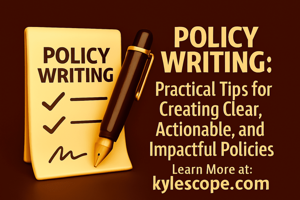 3D banner for policy writing guide featuring a parchment-colored policy sheet with checkmarks, a pen, and bold title text promoting kylescope.com as a resource for creating clear, actionable, and effective policies.