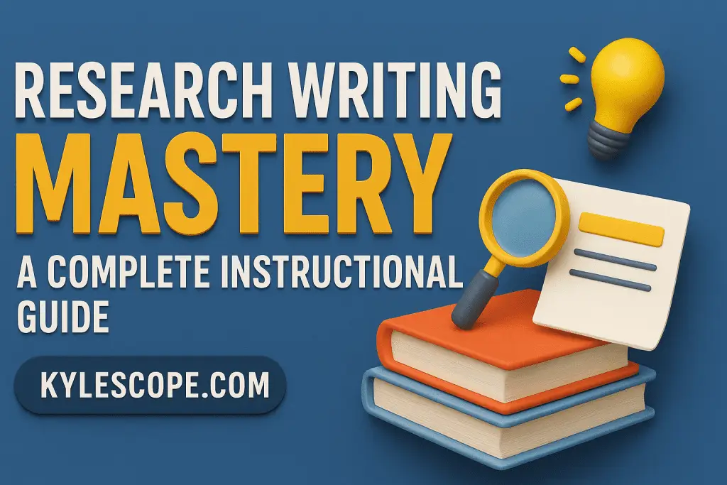 3D wide-format banner with bold title “Research Writing Mastery: A Complete Instructional Guide,” featuring stacked books, magnifying glass, glowing lightbulb, and kylescope.com branding on a blue background.