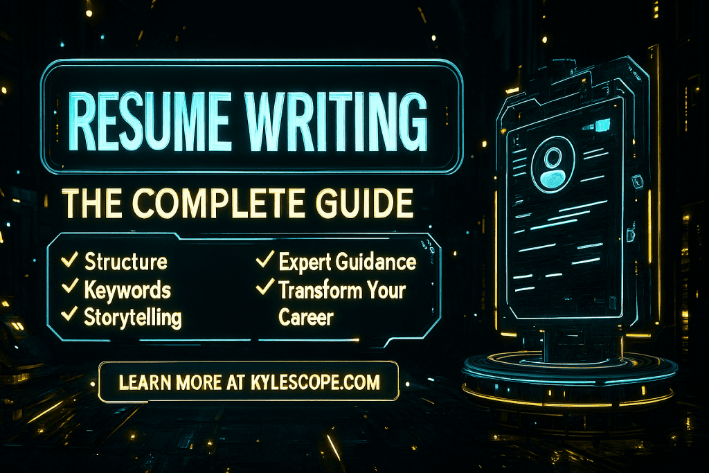 Futuristic 3D banner showcasing Resume Writing: The Complete Guide with holographic resume interface, neon typography, and career growth highlights from kylescope.com.