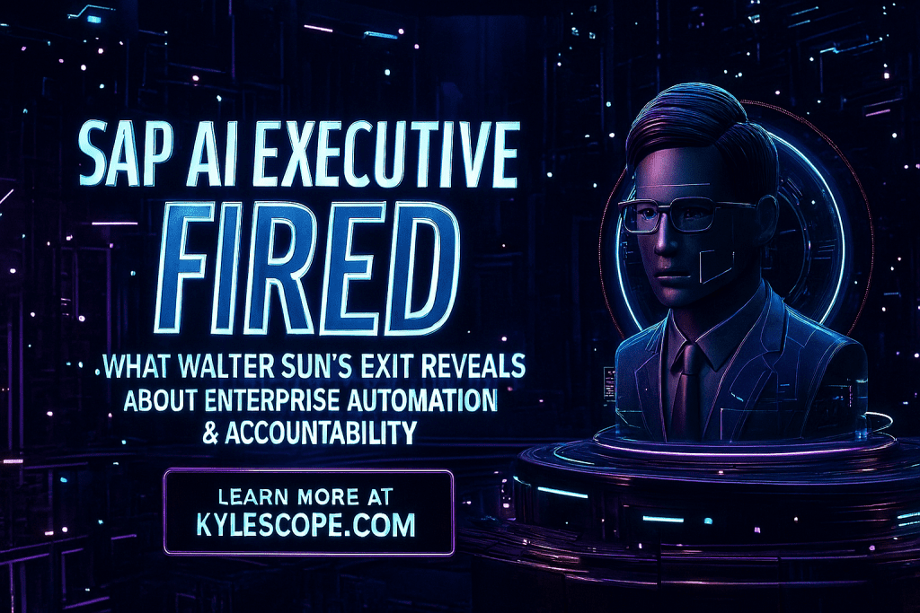 3D banner featuring the headline “SAP AI Executive Fired” with a holographic bust of Walter Sun, futuristic neon interface, and call-to-action to visit Kylescope.com for ethical AI automation tools.