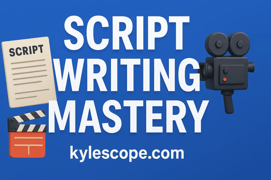 Wide 3D banner for Script Writing Mastery featuring bold title text, film clapperboard, script page, and vintage camera on a blue gradient background with kylescope.com branding.