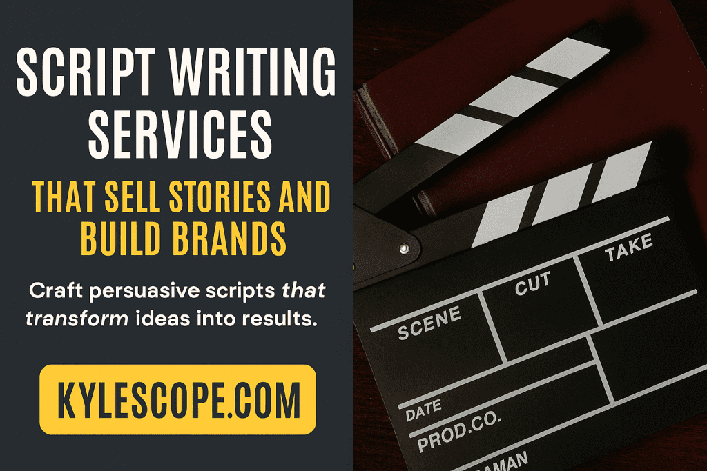 Promotional banner for Kylescope.com featuring bold text that reads ‘Script Writing Services That Sell Stories and Build Brands,’ with a yellow call-to-action button showing the website. On the right, a clapperboard and maroon book rest on a wooden surface, representing storytelling and professional scriptwriting.