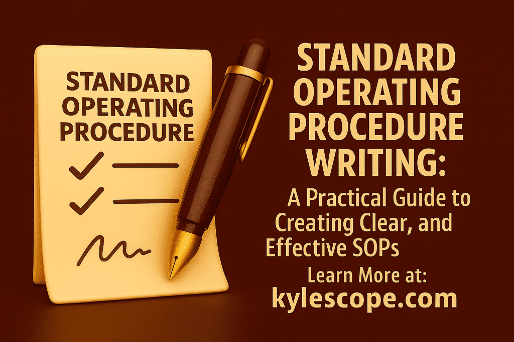 3D banner for standard operating procedure writing guide featuring a checklist with bold STANDARD OPERATING PROCEDURE text, checkmarks, and a pen, promoting kylescope.com as a resource for creating clear, consistent, and effective SOPs.