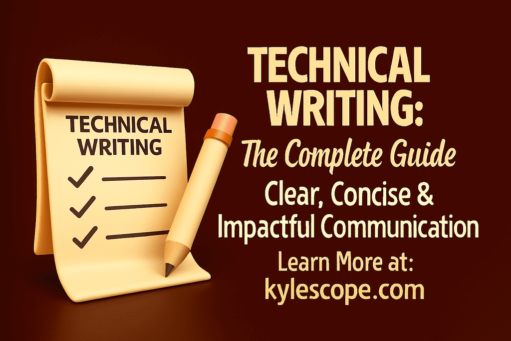 3D banner for technical writing guide featuring a rolled technical document, pencil, and bold title text promoting kylescope.com as a resource for clear, concise, and impactful communication.