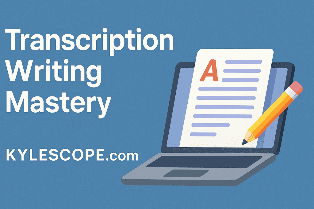Wide 3D banner with the title Transcription Writing Mastery, featuring a laptop screen with typed text, a pencil illustration, and kylescope.com branding on a textured blue background