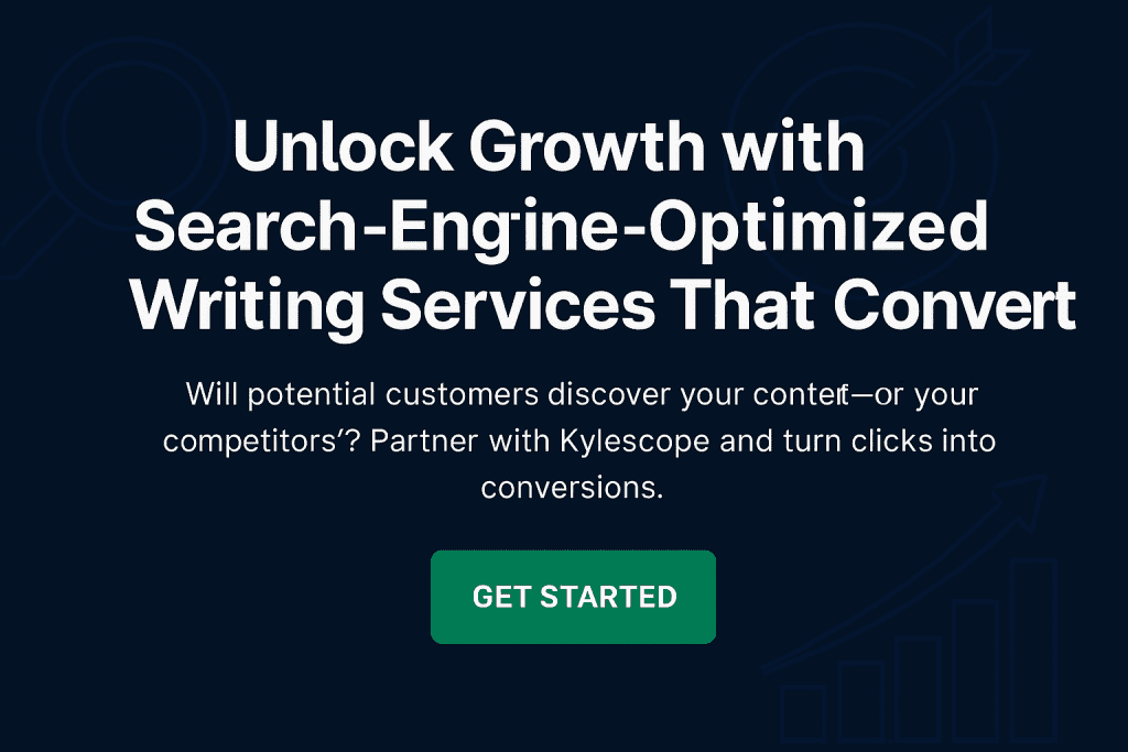 Digital banner with navy blue background featuring the headline ‘Unlock Growth with Search-Engine-Optimized Writing Services That Convert,’ a supporting tagline about turning clicks into conversions, and a green call-to-action button labeled ‘Get Started.’ Background icons include a magnifying glass, target, and upward-trending bar chart.