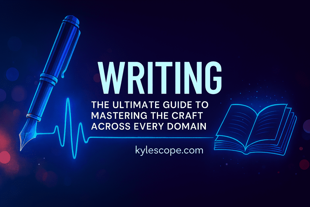 Futuristic banner with glowing metallic fountain pen and neon-blue open book, featuring the title 'Writing: The Ultimate Guide to Mastering the Craft Across Every Domain' on a deep blue and purple gradient background with shimmering lights.