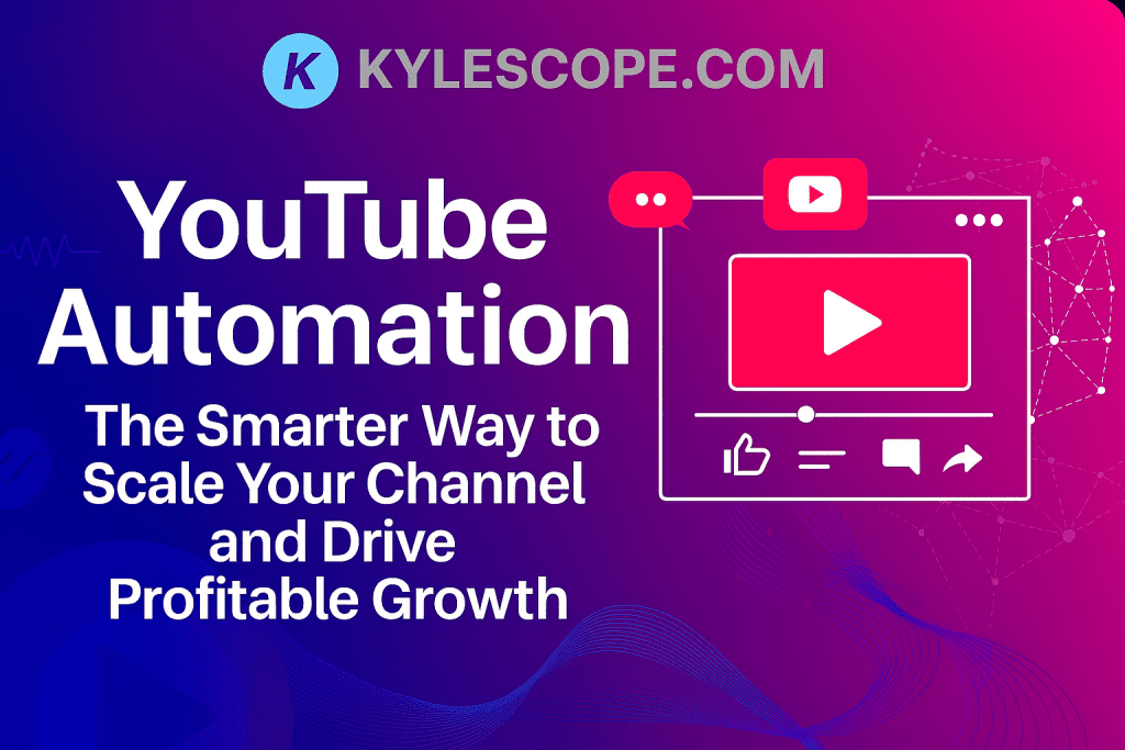 Banner for Kylescope.com featuring the headline ‘YouTube Automation: The Smarter Way to Scale Your Channel and Drive Profitable Growth,’ with YouTube play button icons, video interface graphics, and AI automation motifs on a modern gradient background.