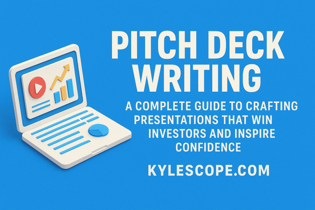 3D banner with laptop illustration showcasing 'Pitch Deck Writing: A Complete Guide to Crafting Presentations That Win Investors and Inspire Confidence' from kylescope.com