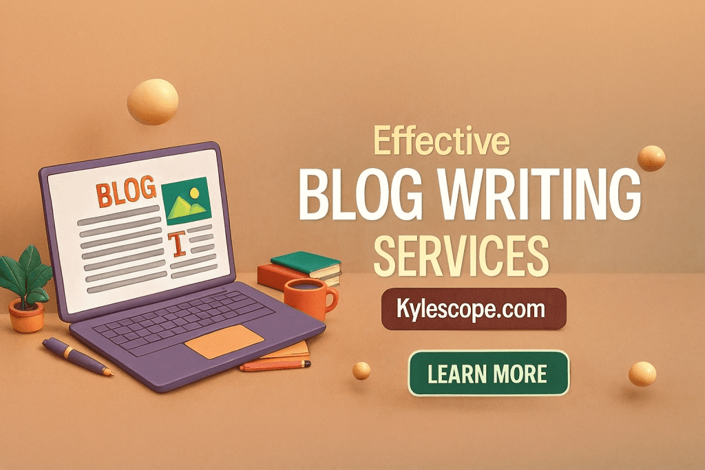 3D promotional banner for Kylescope.com blog writing services featuring a laptop, writing tools, and bold text highlighting effective blog writing solutions.