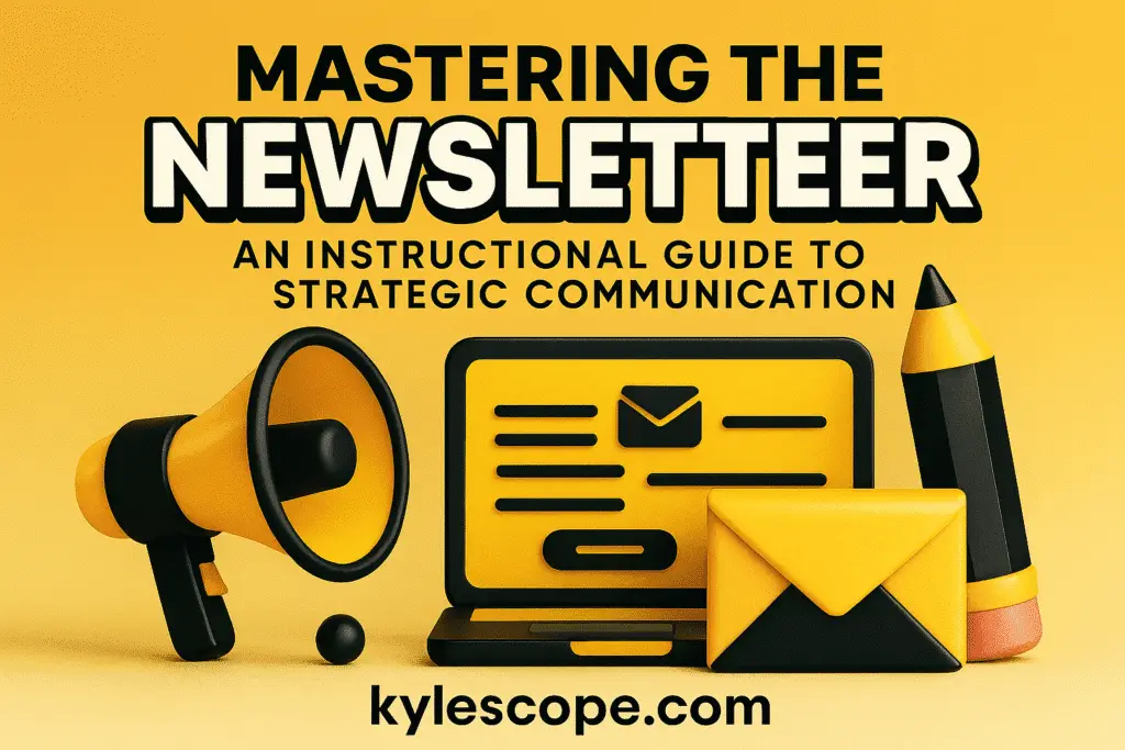 Wide 3D banner in golden, black, and yellow featuring the title Mastering the Newsletter, a megaphone, laptop with newsletter layout, golden envelope, and kylescope.com for strategic communication guidance
