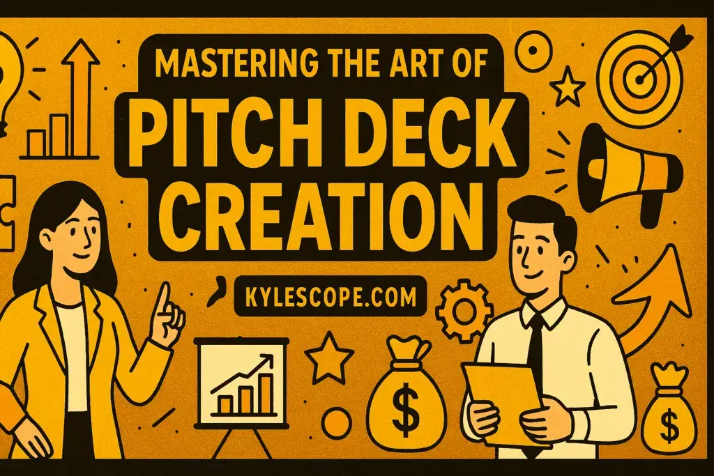 Wide 3D banner in golden, black, and yellow-orange featuring cartoon business characters, startup icons like lightbulbs, charts, gears, and money bags, with the title “Mastering the Art of Pitch Deck Creation” and the website kylescope.com..