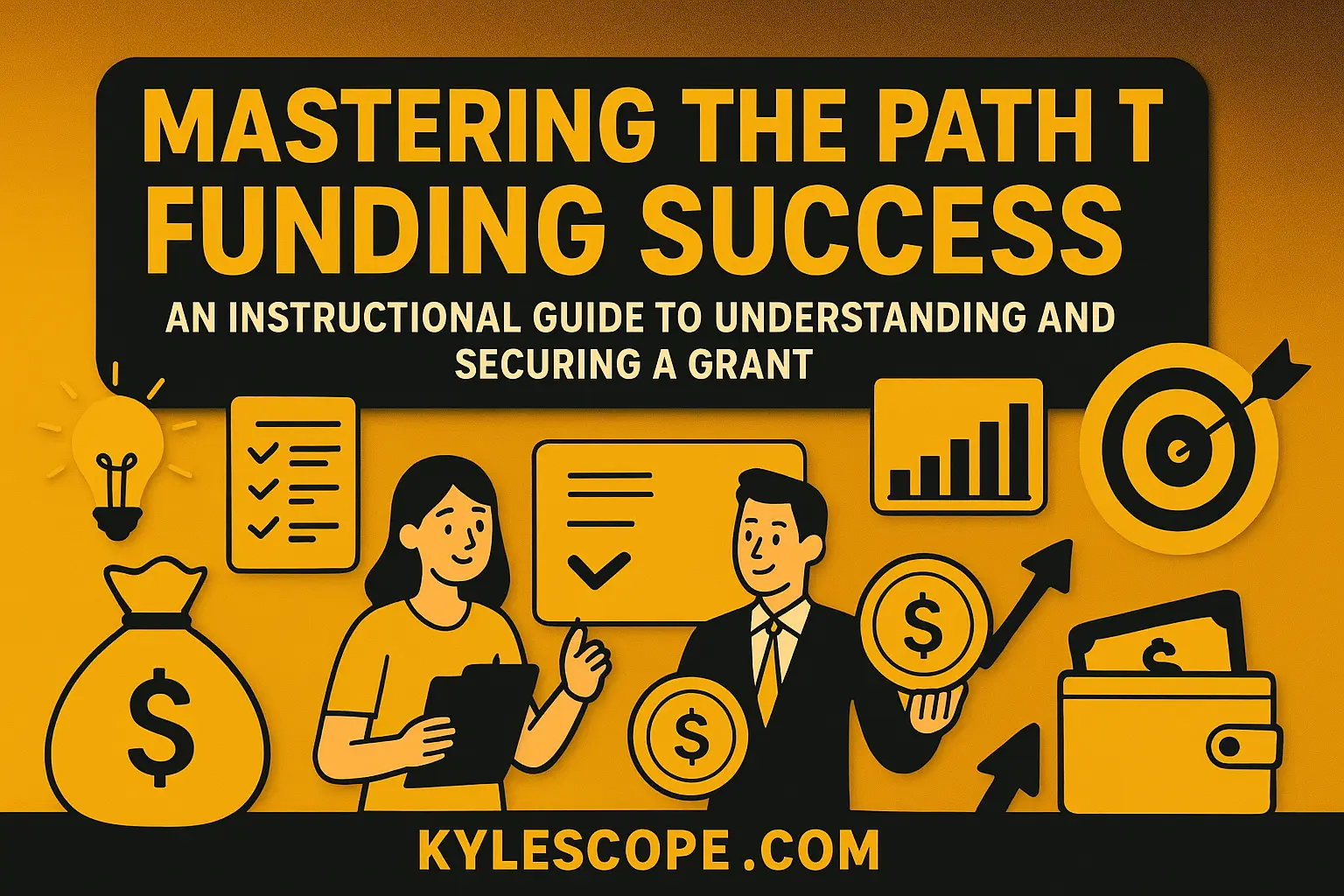 Colorful 3D banner in golden, black, and yellow-orange tones featuring cartoon figures, money icons, lightbulbs, charts, and the text “Mastering the Path to Funding Success: An Instructional Guide to Understanding and Securing a Grant” with kylescope.com