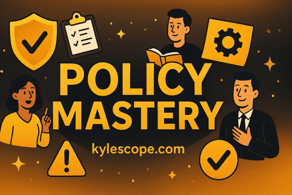 A wide 3D-style banner in golden, black, and yellow-orange colors featuring the title “Policy Mastery,” kylescope.com, cartoon figures, and icons such as shields, checkmarks, clipboards, and gears, symbolizing compliance, accountability, and organizational governance.