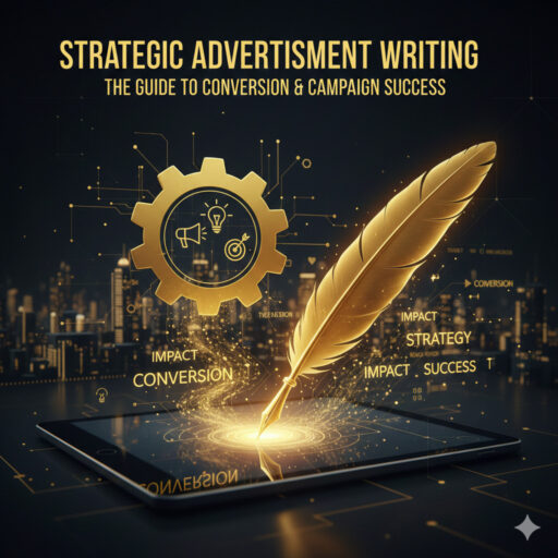 Golden feather quill writing digital conversion strategy on a tablet over a dark city skyline, representing expert advertisement writing for campaign success.