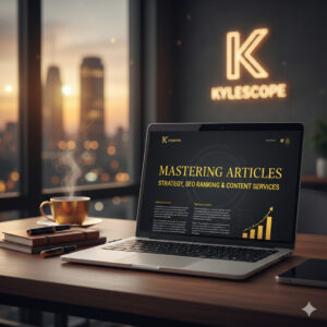 Laptop displaying Mastering Articles SEO Ranking Content Services on a desk with coffee and books