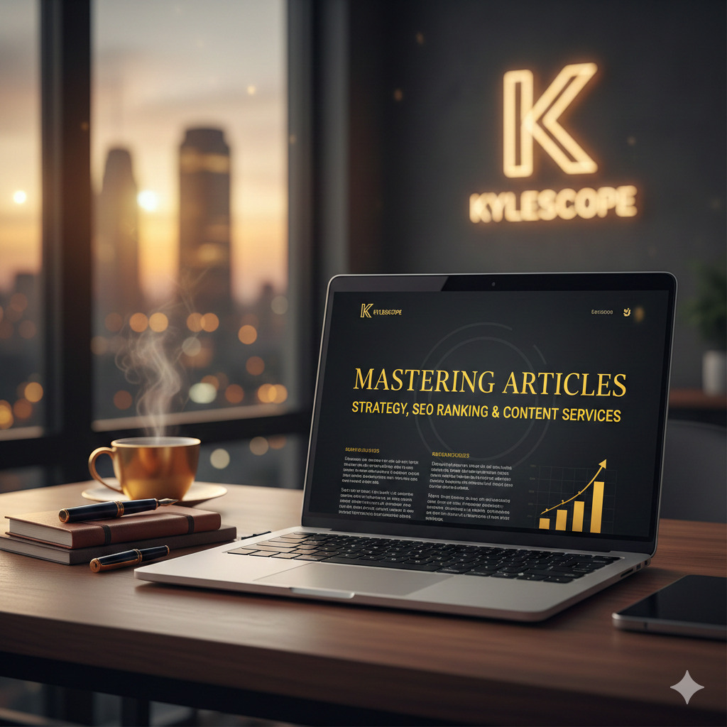 Laptop displaying Mastering Articles SEO Ranking Content Services on a desk with coffee and books