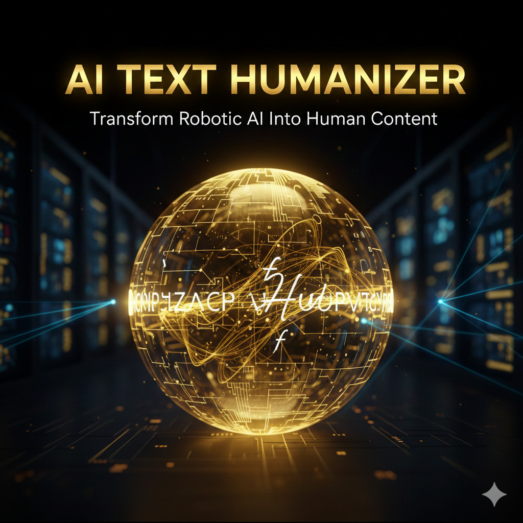 A glowing golden digital sphere representing an AI Text Humanizer transforming robotic code into natural human language in a dark data center.