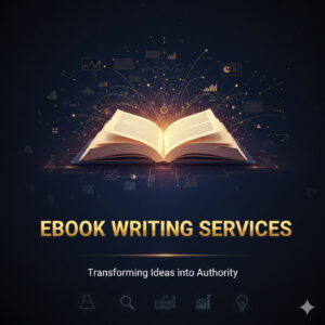Ebook Writing Services image showing an open, glowing book symbolizing authority and digital content strategy