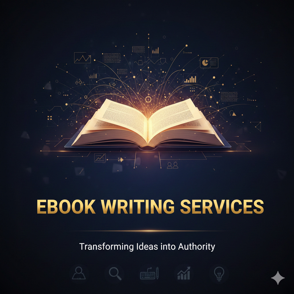 Ebook Writing Services image showing an open, glowing book symbolizing authority and digital content strategy