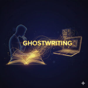 Digital illustration showing the concept of ghostwriting: a silhouette reading a glowing book, connected to a laptop with content files