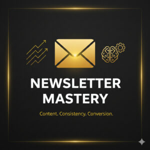 Golden envelope symbol representing email communication, a brain with gears symbolizing strategy, and upward arrows indicating growth, titled "Newsletter Mastery.