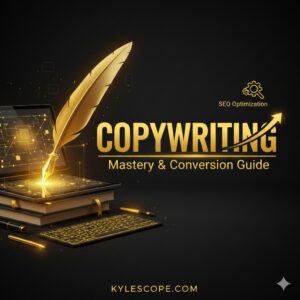 Golden feather quill writing illuminated text over a stack of black books and a laptop on a dark background. Text reads: "COPYWRITING Mastery & Conversion Guide" with an SEO Optimization icon and Kylescope.com.