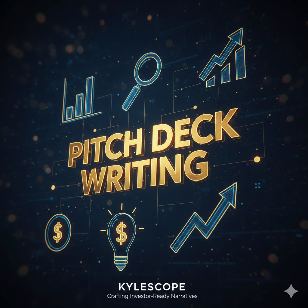 3D graphic featuring golden text 'Pitch Deck Writing' surrounded by blue investment icons: growing arrow, lightbulb, bar charts, and magnifying glass. Represents expert pitch deck services for securing funding.