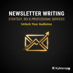 Golden icon of an email envelope with an upward-trending arrow and the text: Newsletter Writing, Strategy, ROI & Professional Services.