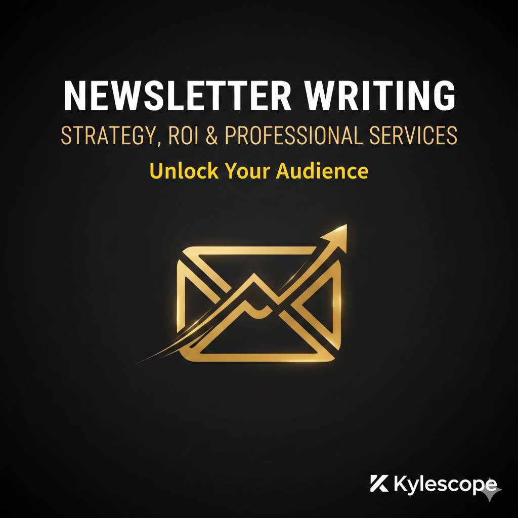 Golden icon of an email envelope with an upward-trending arrow and the text: Newsletter Writing, Strategy, ROI & Professional Services.