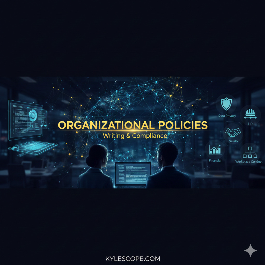 Digital overlay showing organizational policies for compliance, risk, HR, and safety