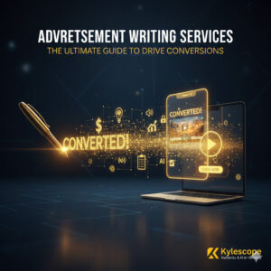 Golden pen writing 'CONVERTED!' next to a laptop displaying digital ads, symbolizing effective advertisement writing and AI-human collaboration for high conversions.