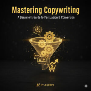 Golden conversion funnel graphic illustrating the AIDA and PAS copywriting formulas for beginner social media marketing.