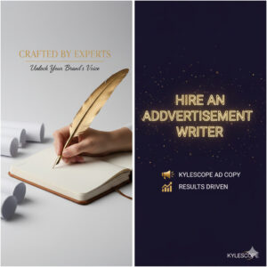Hire an advertisement writer: Golden upward arrow signifying ROI growth next to complex ad copy network and hourglass, representing strategy and conversion.