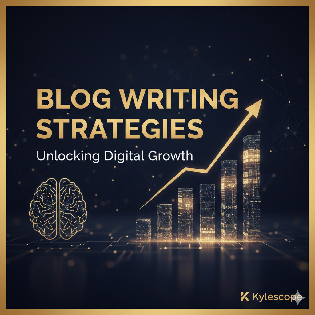 Professional blog writing strategies graphic featuring a gold growth chart and brain icon for Kylescope digital marketing services.