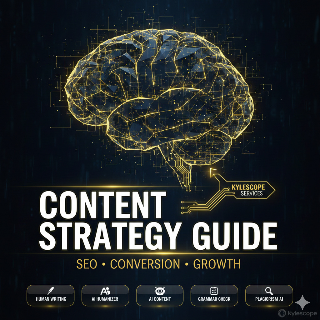Content Strategy Guide covering SEO, conversion, and growth, highlighting Kylescope's services: Human Writing, AI Humanizer, AI Content, Grammar Check, and Plagiarism Detection.