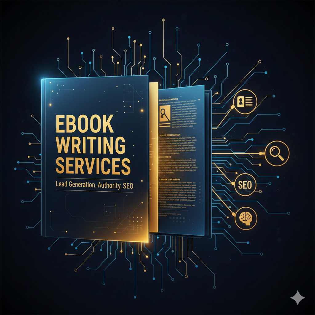Digital ebook cover glowing with text EBOOK WRITING SERVICES and icons representing SEO lead generation and thought leadership circuits on a dark background.