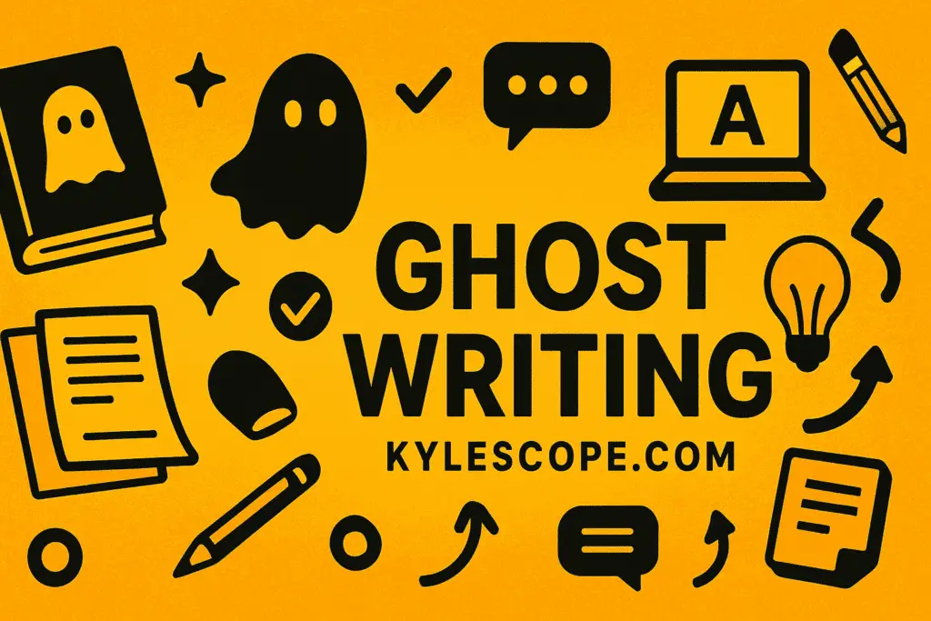 Wide 3D banner in golden, black, and yellow-orange colors featuring the title Ghost Writing Mastery, kylescope.com, and creative icons of books, pens, laptops, speech bubbles, and lightbulbs representing professional ghost writing services.