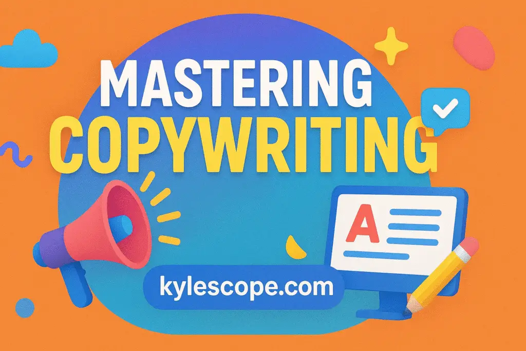 Colorful wide 3D banner with bold title Mastering Copywriting, featuring a megaphone, computer screen, and pencil graphics on an orange gradient background, with kylescope.com displayed prominently