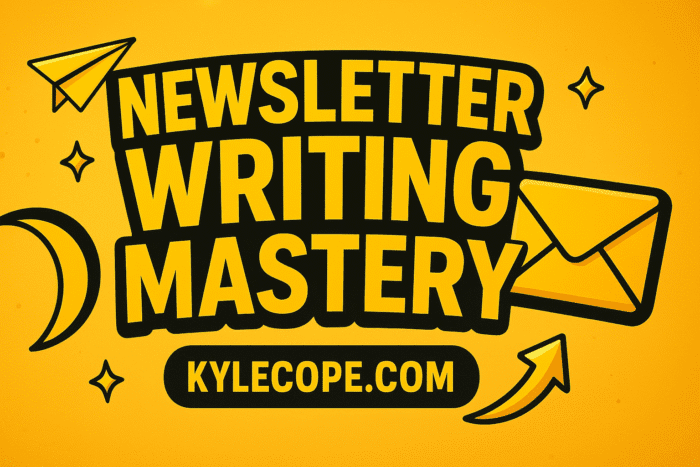 3D wide-format banner in golden, black, and yellow featuring the title "Newsletter Writing Mastery," a bold envelope icon, and kylescope.com, designed in a Pinterest-style layout.