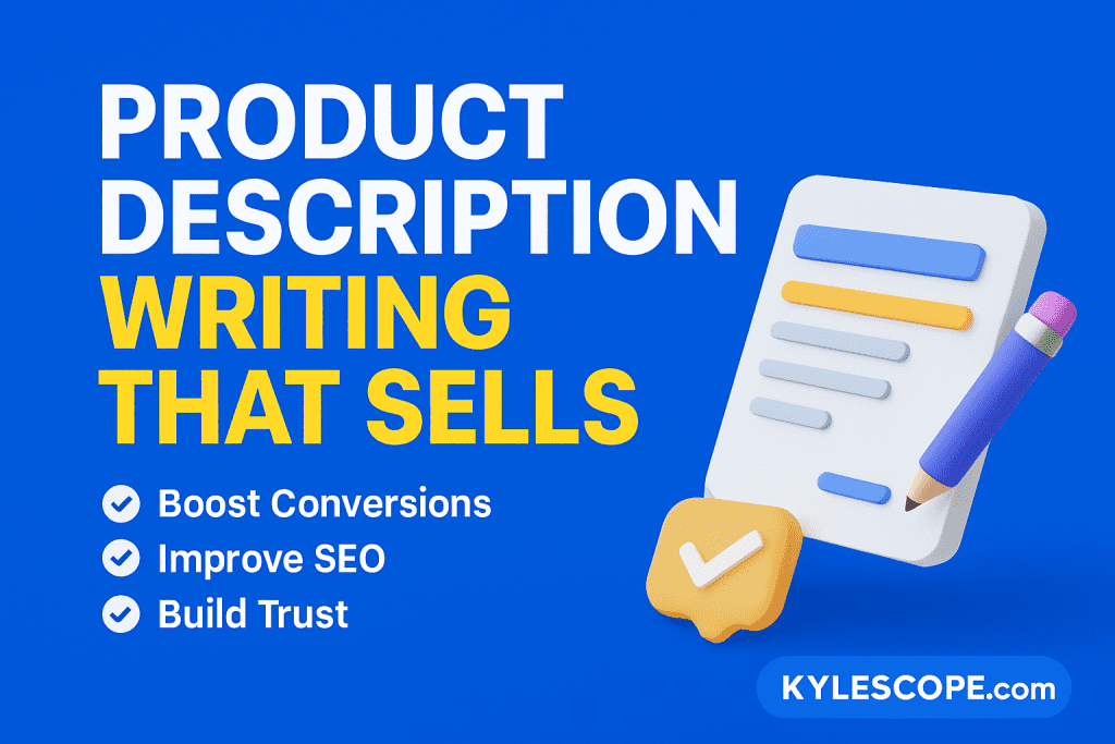 3D wide banner with bold title 'Product Description Writing That Sells', featuring document and pencil illustration, benefits list, and Kylescope.com branding for SEO-focused product description writing services.