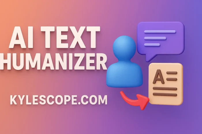 3D banner promoting Kylescope.com's AI Text Humanizer with bold headline, human icon, speech bubble, and document transformation graphic on gradient background