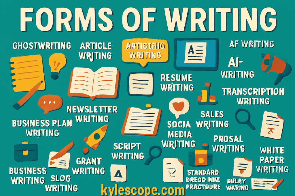 A wide infographic banner titled “Forms of Writing” featuring icons and labels for multiple types of writing, including article writing, proposal writing, academic writing, copywriting, newsletter writing, AI writing, content writing, business plan writing, resume writing, sales writing, creative writing, script writing, social media writing, transcription writing, blog writing, research writing, SEO writing, pitch deck writing, grant writing, SOP writing, policy writing, and white paper writing, with kylescope.com displayed at the bottom.