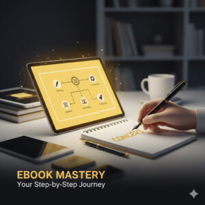 Hand writing 'CONCEPT' in a notebook next to a tablet displaying a yellow and black eBook writing, formatting, and publishing process flowchart.