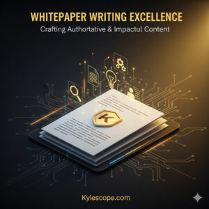 Whitepaper writing guide showing a document with a golden Kylescope shield, surrounded by icons for research, structure, and technical documentation. Focuses on content excellence, authority, and B2B strategy.