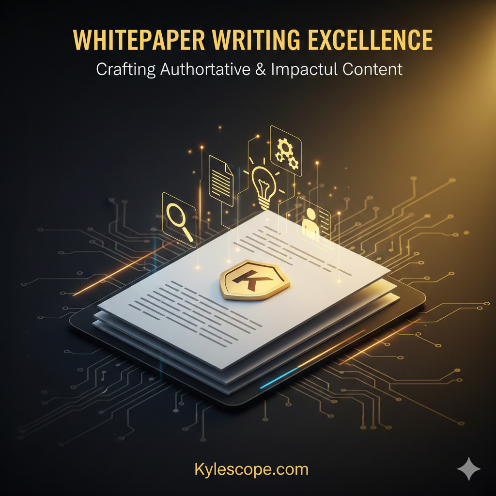 Whitepaper writing guide showing a document with a golden Kylescope shield, surrounded by icons for research, structure, and technical documentation. Focuses on content excellence, authority, and B2B strategy.